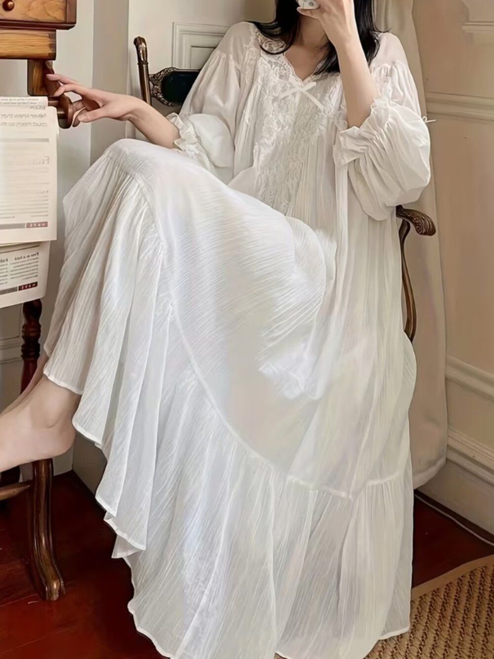 Alluring French-Victorian Lace Nightgown Flowing Long Sleeve Romantic Ruffle Hem - Picture 3 of 8